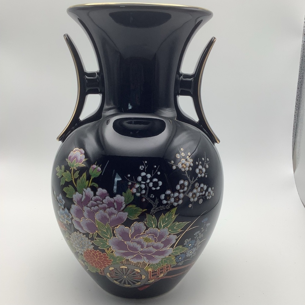 Large Black Two Handled Japanese Vase